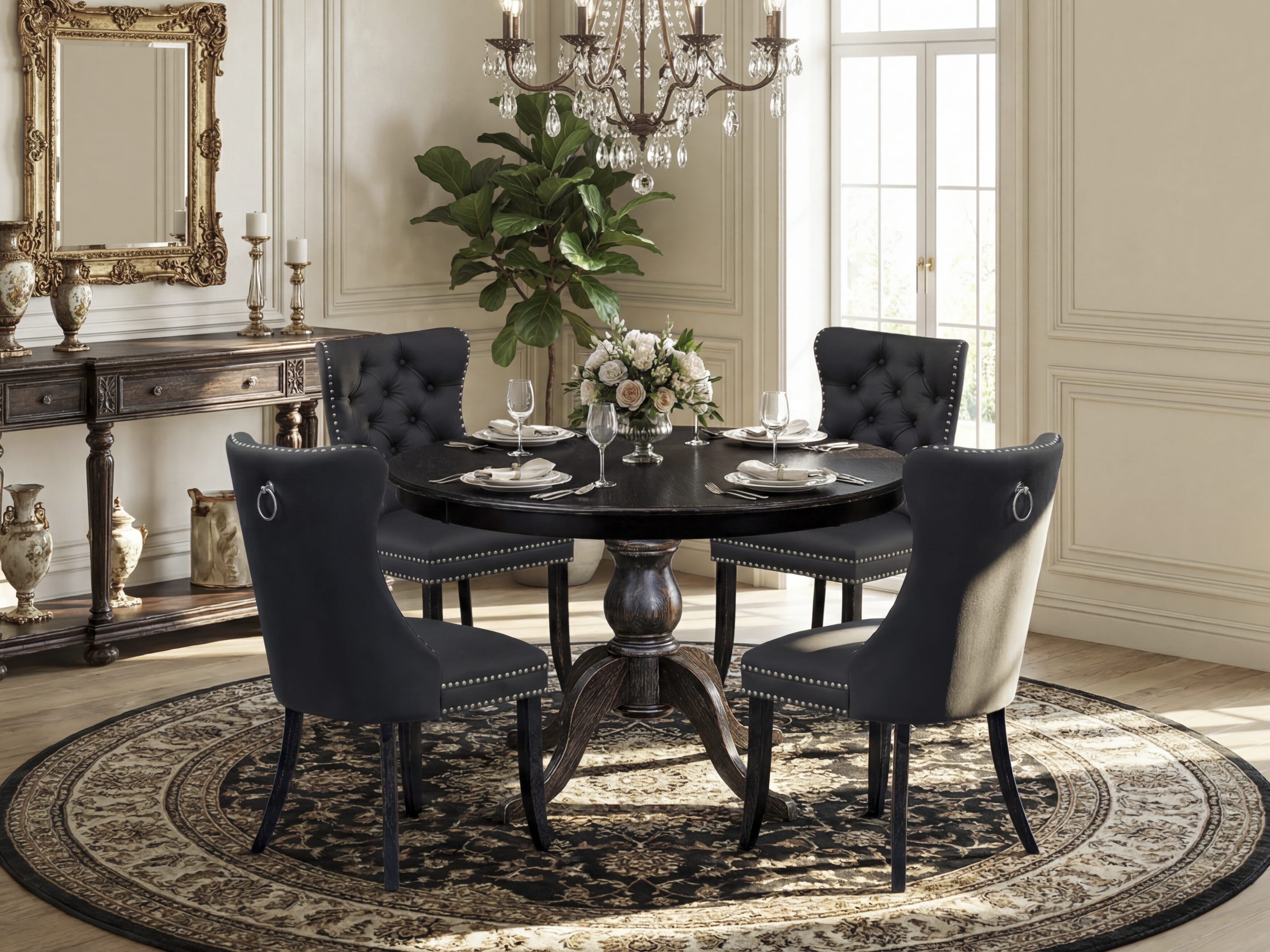 Luxe by East West Furniture F6DA5-411-12 5-Piece Dining Room Set with Faux Leather 4 Dark Gray kitchen chairs, Button-Tufted Backs, and a 48"Round Kitchen Table in Sand Blasted Black Finish.