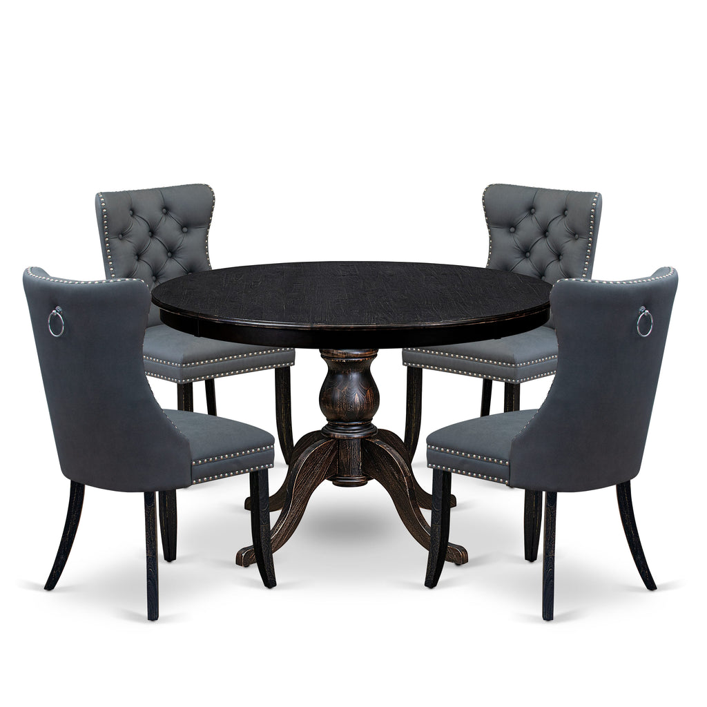 Luxe by East West Furniture F6DA5-411-13 5-piece Dining Table Set with Faux Leather 4 Platinum Gray padded kitchen chairs, Button-Tufted Backs, and a 48"Round Table in Sand Blasted Black Finish.