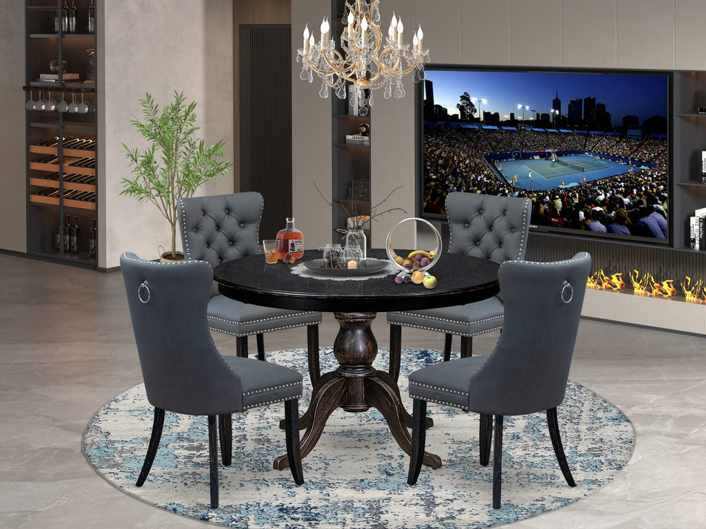 Luxe by East West Furniture F6DA5-411-13 5-piece Dining Table Set with Faux Leather 4 Platinum Gray padded kitchen chairs, Button-Tufted Backs, and a 48"Round Table in Sand Blasted Black Finish.
