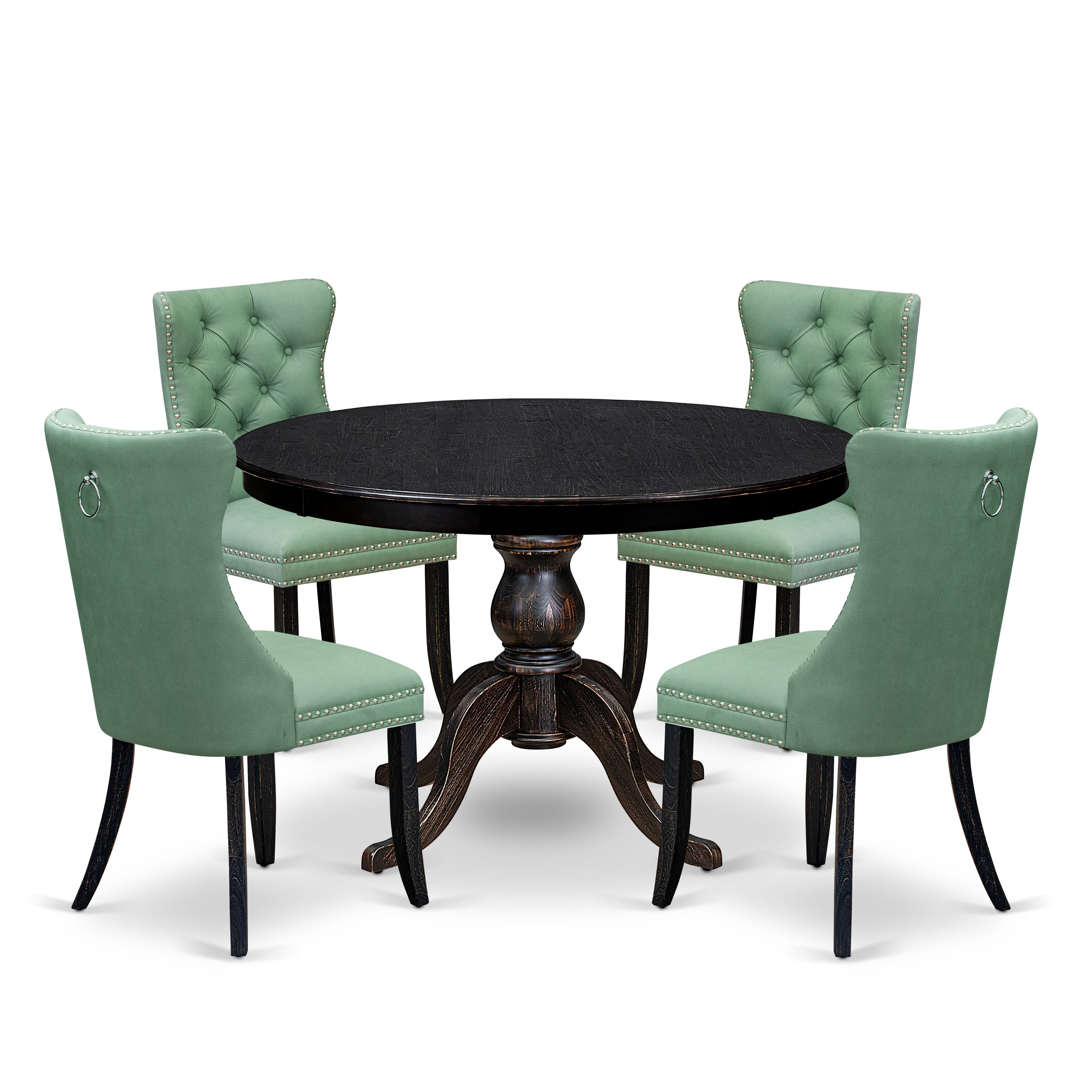 Luxe by East West Furniture F6DA5-411-22 5 Piece Dining Set Includes a 48" Round Table with Pedestal and 4 Willow Green Faux Leather Upholstered Chairs, Sand Blasted Black
