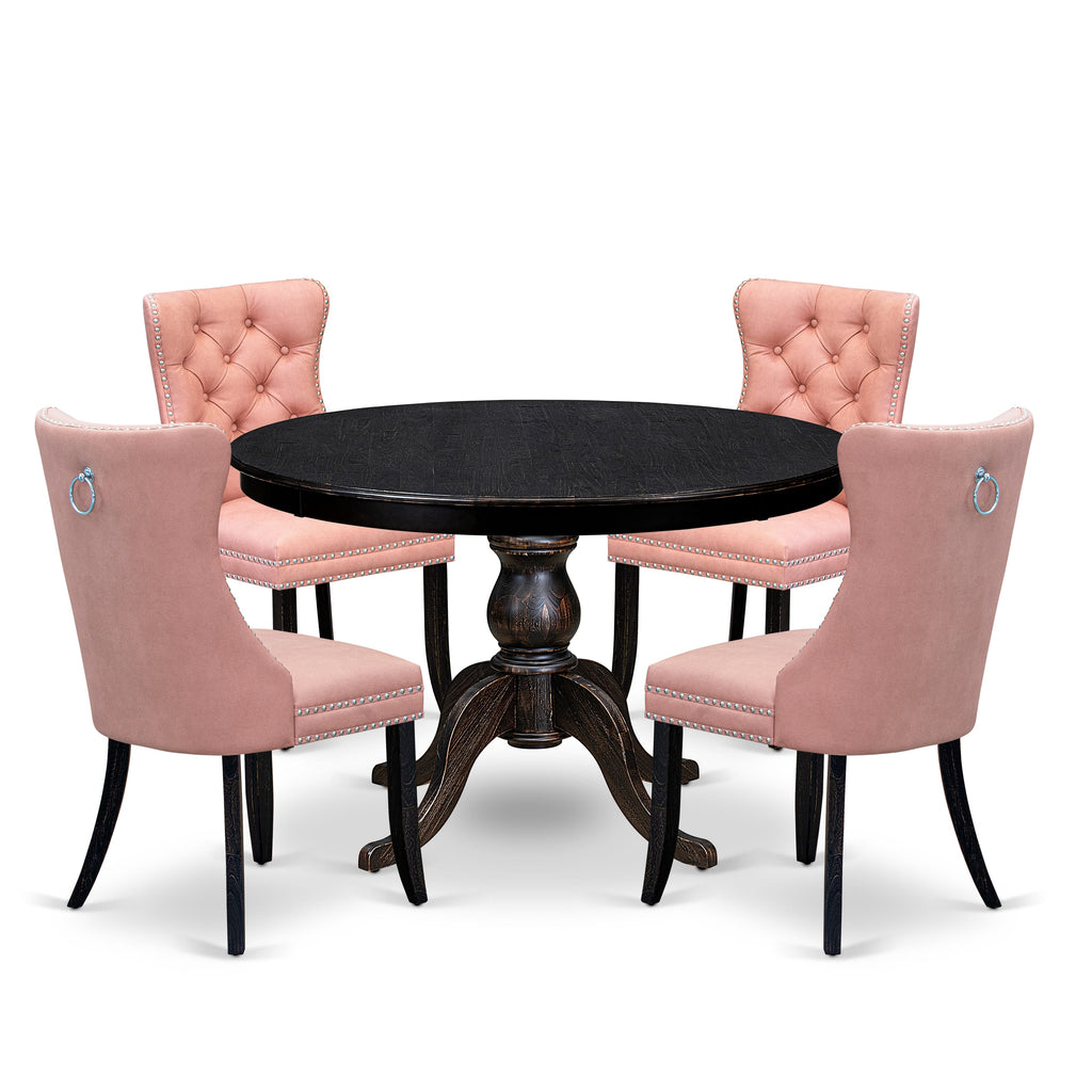 Luxe by East West Furniture F6DA5-411-23 5 Piece Dining Set for 4 Consists of a 48" Round Table with Pedestal and 4 Beige Red Faux Leather Padded Chairs, Sand Blasted Black