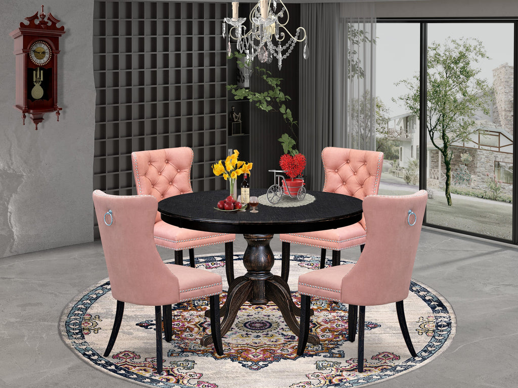 Luxe by East West Furniture F6DA5-411-23 5 Piece Dining Set for 4 Consists of a 48" Round Table with Pedestal and 4 Beige Red Faux Leather Padded Chairs, Sand Blasted Black