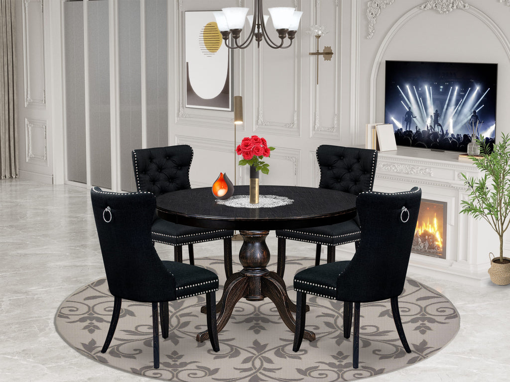 Luxe by East West Furniture F6DA5-411-24 5 Piece Dining Room Set for 4 Includes a 48" Round Table with Pedestal and 4 Black Linen Fabric Parson Chairs, Sand Blasted Black