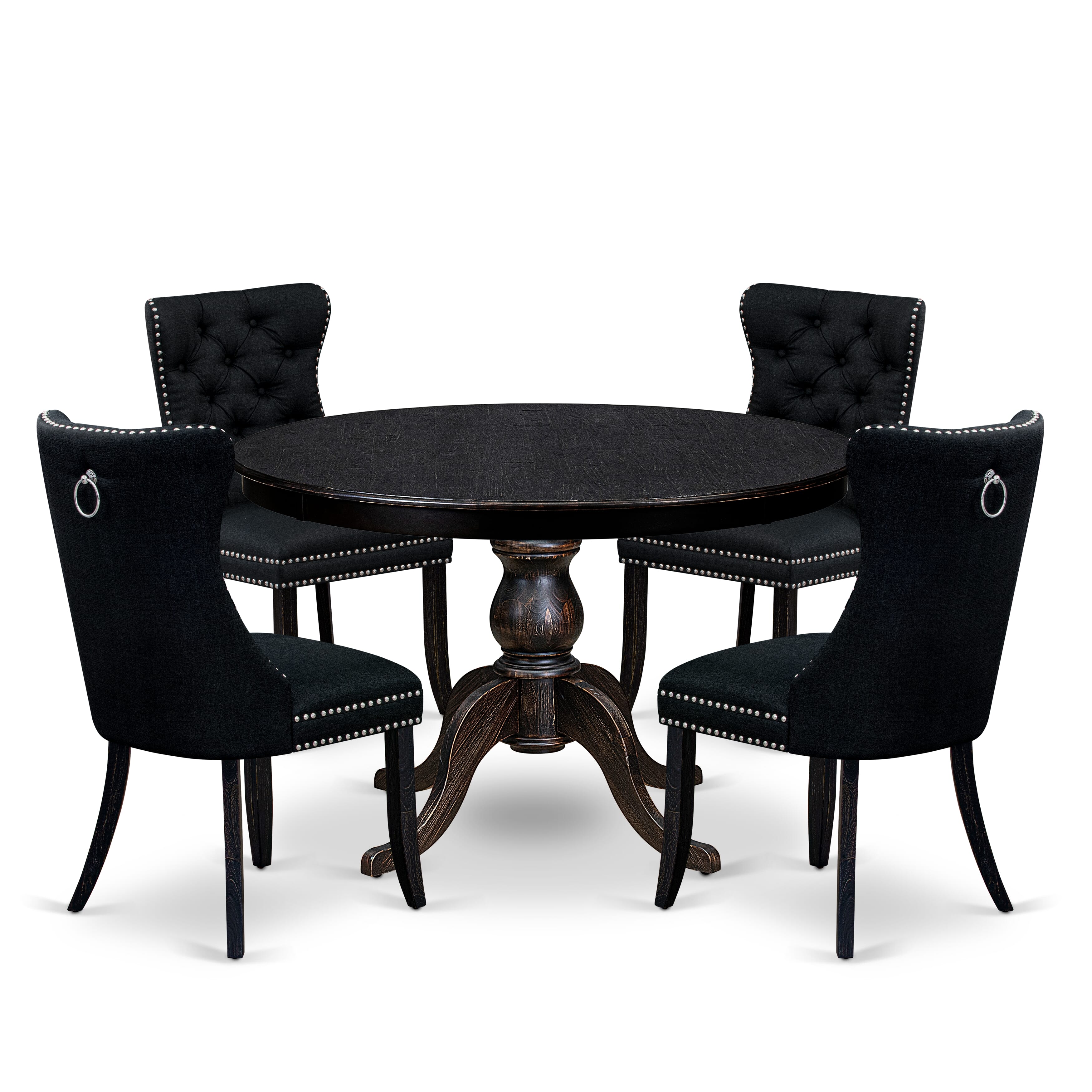 Luxe by East West Furniture F6DA5-411-24 5 Piece Dining Room Set for 4 Includes a 48" Round Table with Pedestal and 4 Black Linen Fabric Parson Chairs, Sand Blasted Black