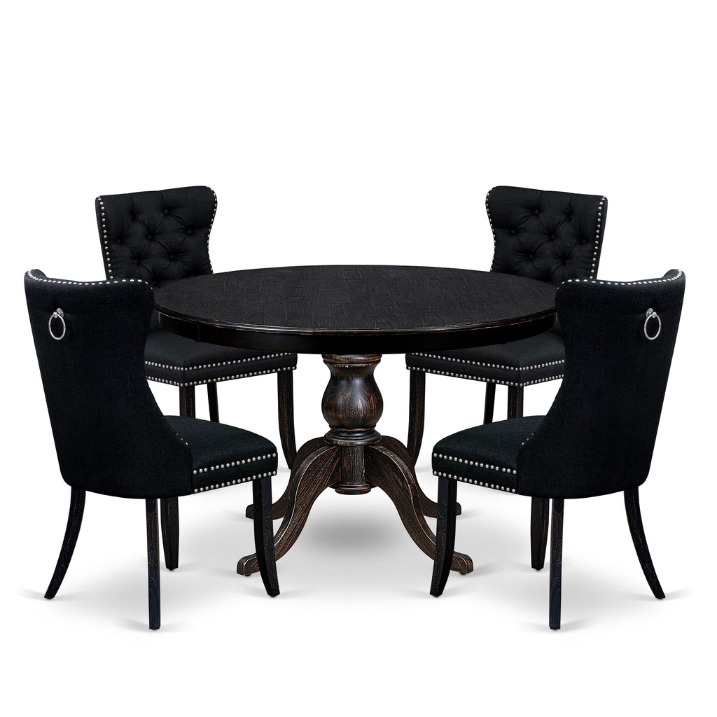 Luxe by East West Furniture F6DA5-411-24 5 Piece Dining Room Set for 4 Includes a 48" Round Table with Pedestal and 4 Black Linen Fabric Parson Chairs, Sand Blasted Black