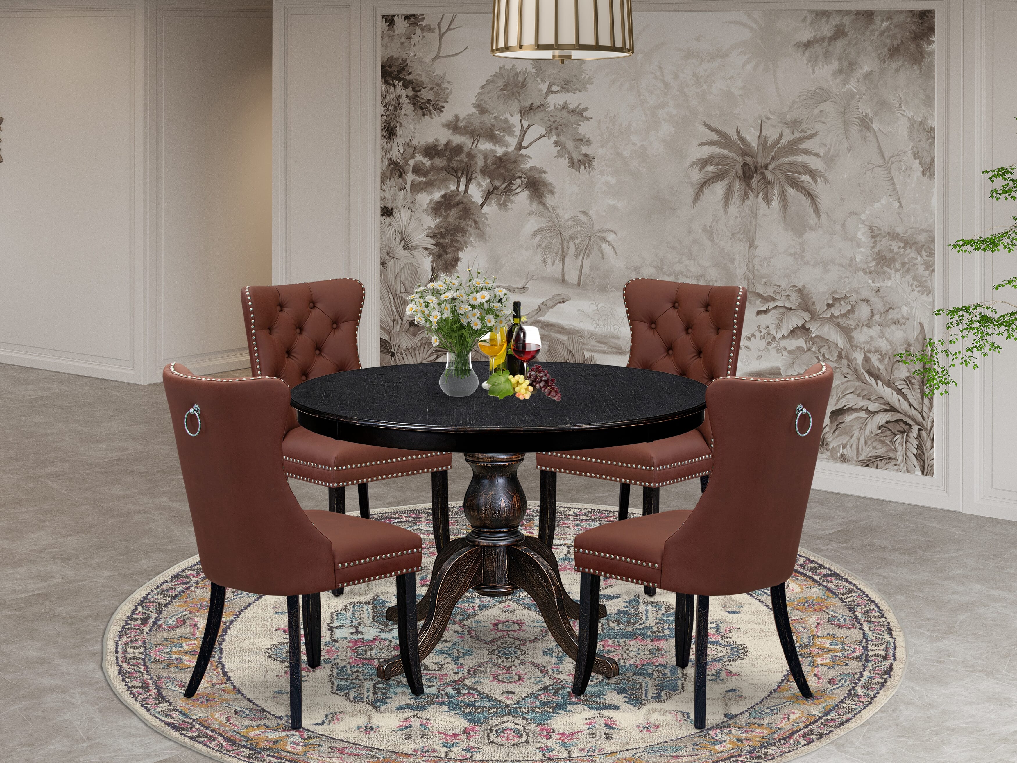 Luxe by East West Furniture F6DA5-411-26 5 Piece Dining Table Set Consists of a 48" Round Table with Pedestal and 4 Burgandy Faux Leather Parson Chairs, Sand Blasted Black