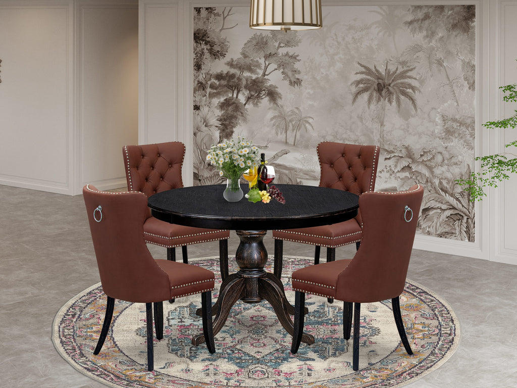 Luxe by East West Furniture F6DA5-411-26 5 Piece Dining Table Set Consists of a 48" Round Table with Pedestal and 4 Burgandy Faux Leather Parson Chairs, Sand Blasted Black