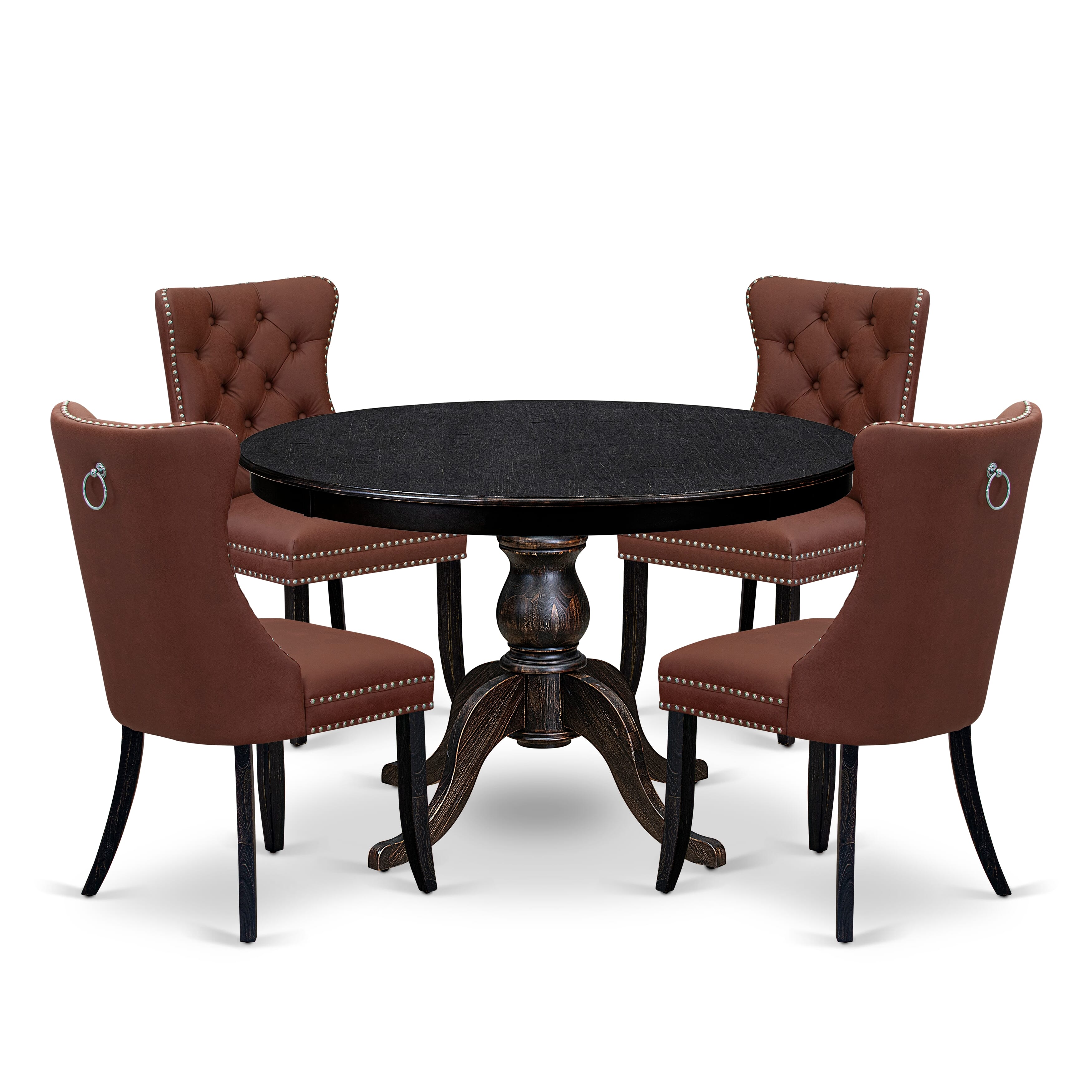 Luxe by East West Furniture F6DA5-411-26 5 Piece Dining Table Set Consists of a 48" Round Table with Pedestal and 4 Burgandy Faux Leather Parson Chairs, Sand Blasted Black