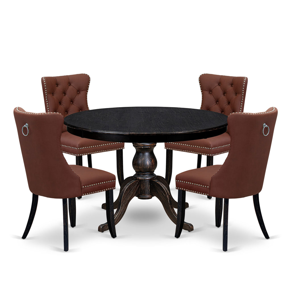 Luxe by East West Furniture F6DA5-411-26 5 Piece Dining Table Set Consists of a 48" Round Table with Pedestal and 4 Burgandy Faux Leather Parson Chairs, Sand Blasted Black