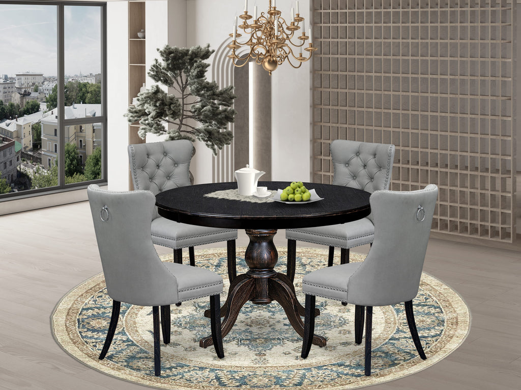 Luxe by East West Furniture F6DA5-411-27 5 Piece Dining Table Set Consists of a 48" Round Table with Pedestal and 4 Light Gray Faux Leather Parson Chairs, Sand Blasted Black