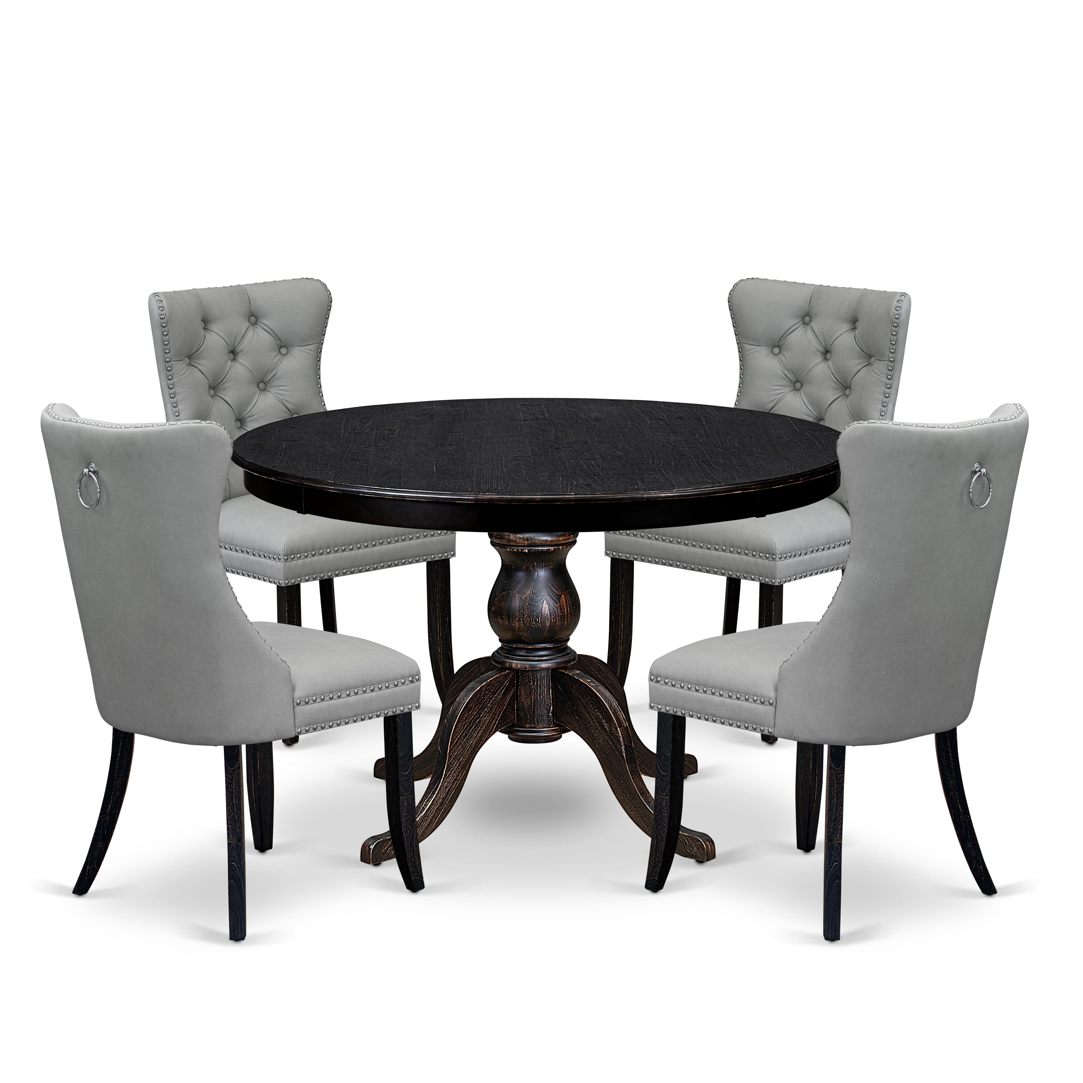 Luxe by East West Furniture F6DA5-411-27 5 Piece Dining Table Set Consists of a 48" Round Table with Pedestal and 4 Light Gray Faux Leather Parson Chairs, Sand Blasted Black