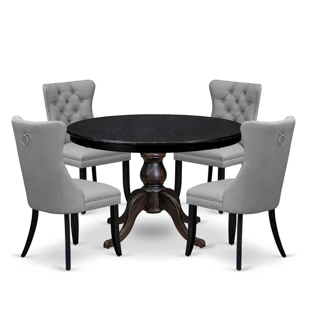 Luxe by East West Furniture F6DA5-411-27 5 Piece Dining Table Set Consists of a 48" Round Table with Pedestal and 4 Light Gray Faux Leather Parson Chairs, Sand Blasted Black