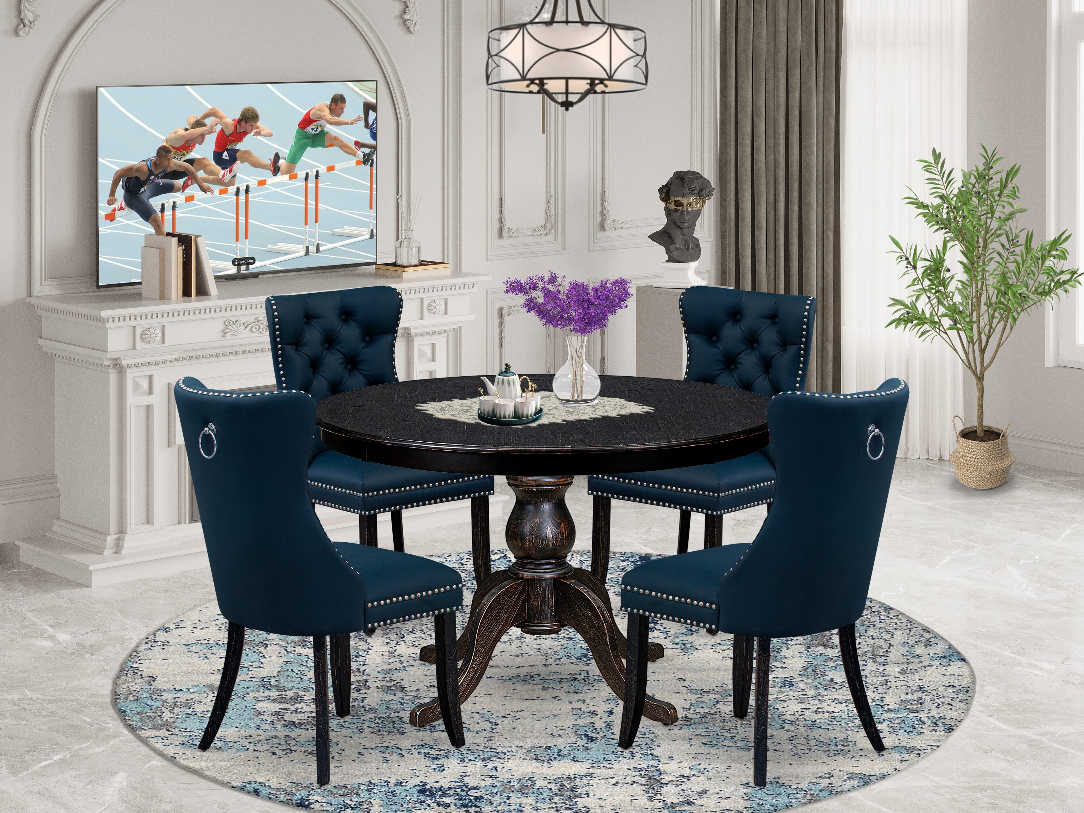 Luxe by East West Furniture F6DA5-411-29 5 Piece Dining Table Set Includes a 48" Round Table with Pedestal and 4 Navy Blue Faux Leather Upholstered Chairs, Sand Blasted Black