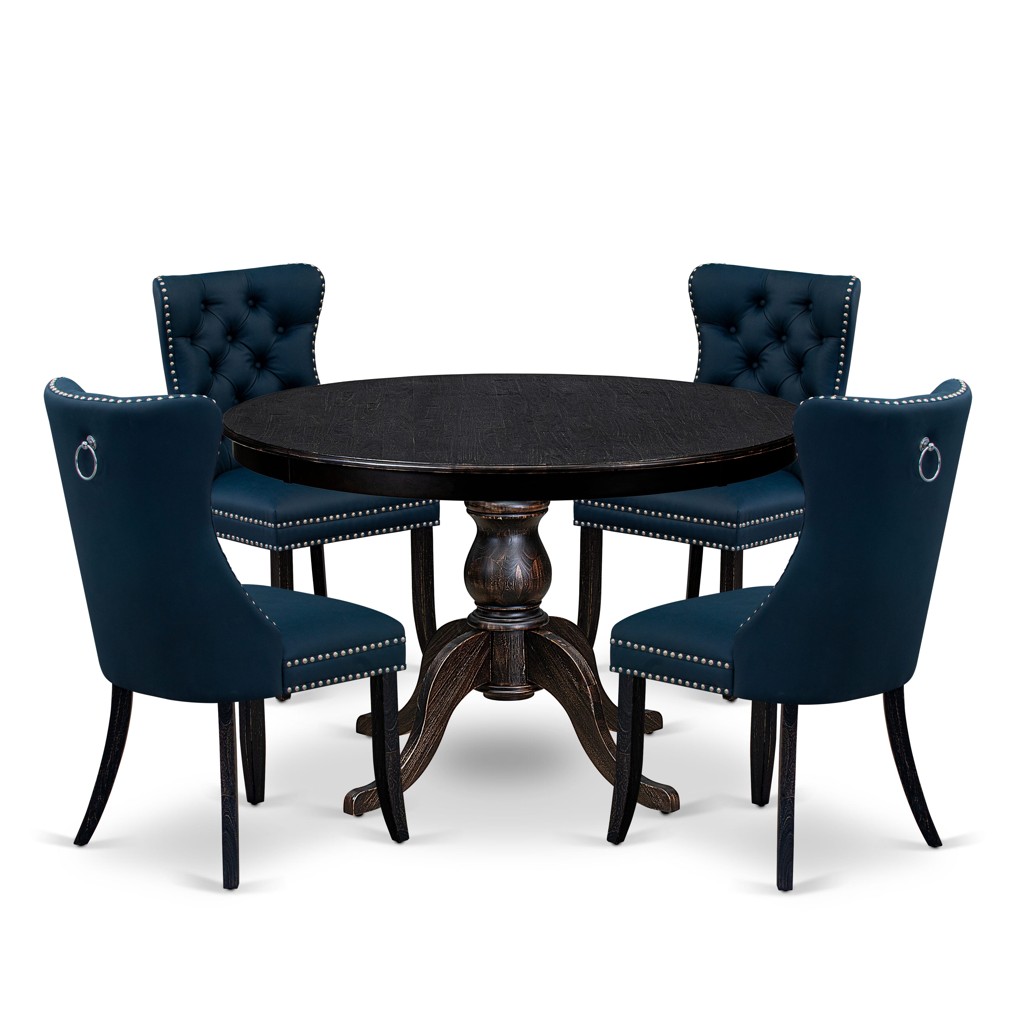 Luxe by East West Furniture F6DA5-411-29 5 Piece Dining Table Set Includes a 48" Round Table with Pedestal and 4 Navy Blue Faux Leather Upholstered Chairs, Sand Blasted Black