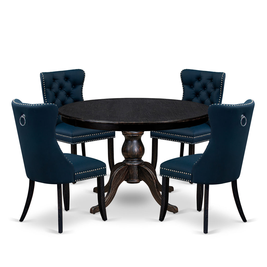 Luxe by East West Furniture F6DA5-411-29 5 Piece Dining Table Set Includes a 48" Round Table with Pedestal and 4 Navy Blue Faux Leather Upholstered Chairs, Sand Blasted Black
