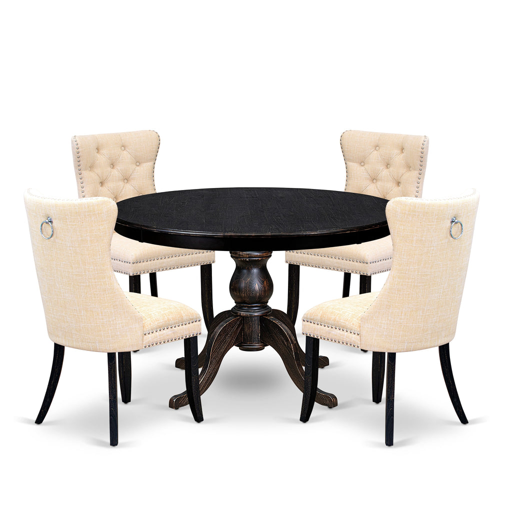 Luxe by East West Furniture F6DA5-411-32 5-pc Dining Rom Set contains a modern table and 4 Light Beige Linen Fabric dining chairs with Button Tufted Back - Sand Blasted Black