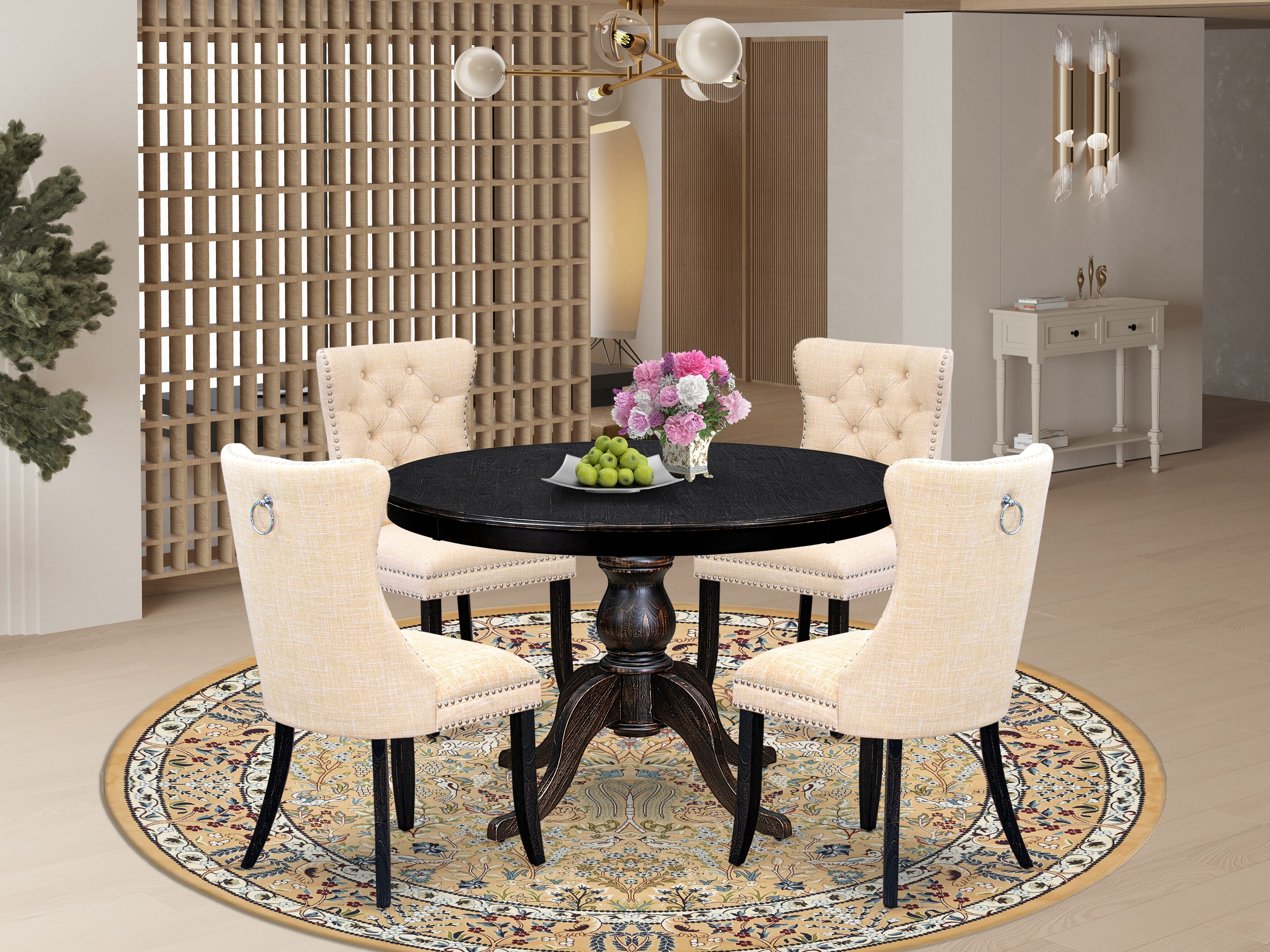 Luxe by East West Furniture F6DA5-411-32 5-pc Dining Rom Set contains a modern table and 4 Light Beige Linen Fabric dining chairs with Button Tufted Back - Sand Blasted Black