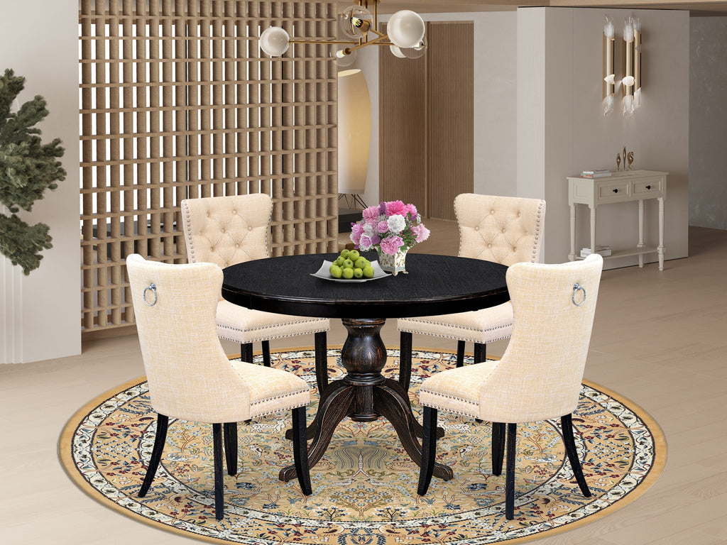 Luxe by East West Furniture F6DA5-411-32 5-pc Dining Rom Set contains a modern table and 4 Light Beige Linen Fabric dining chairs with Button Tufted Back - Sand Blasted Black