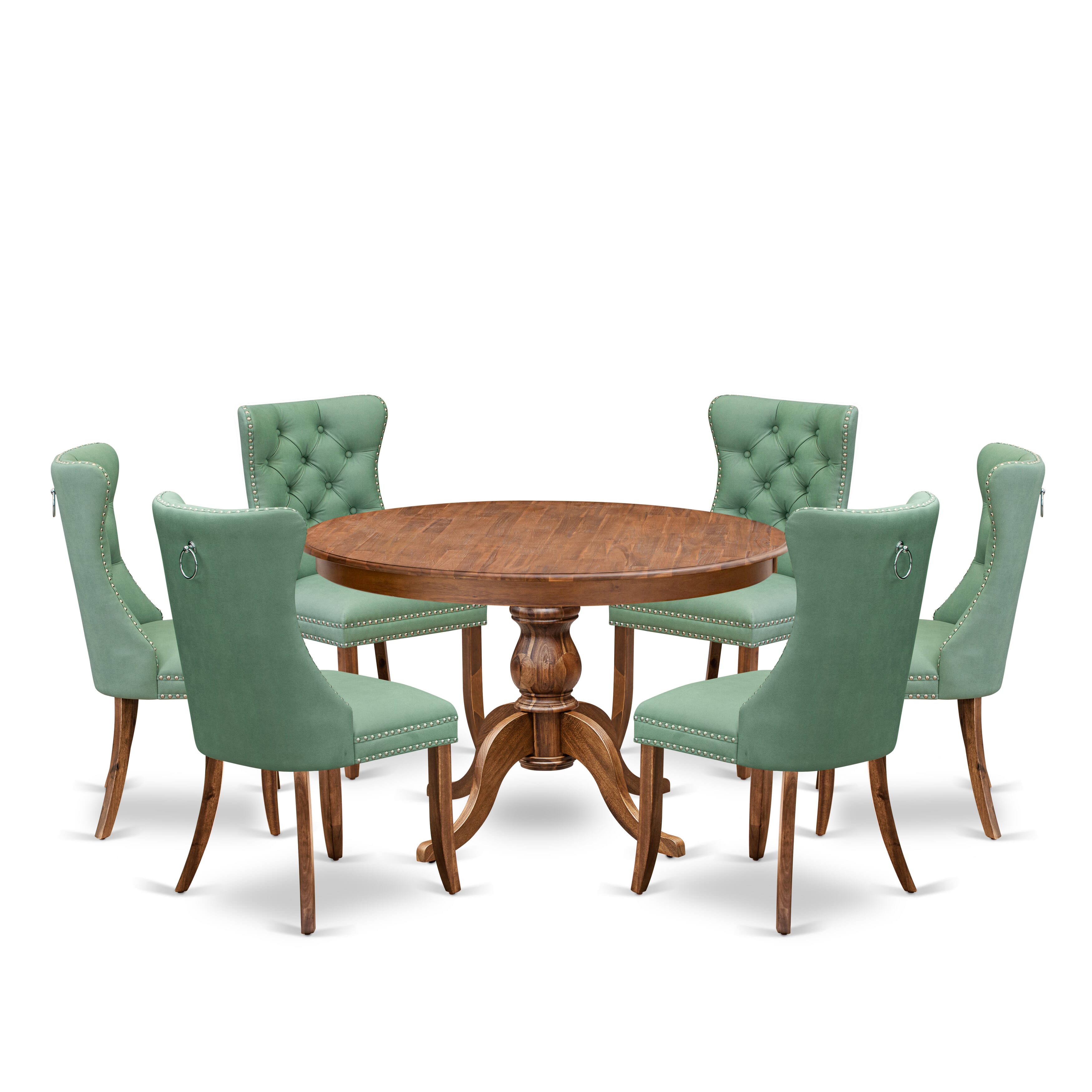 Luxe by East West Furniture F6DA7-40N-22 7-Pc Dining Set Contain a Mid Century Dining Table and 6 Willow Green Faux Leather Chairs with Button-Tufted Back, Antique Walnut