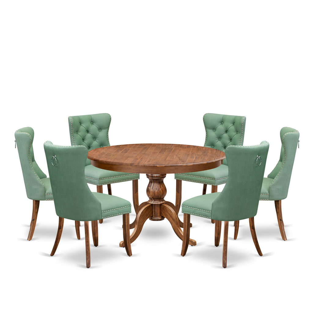 Luxe by East West Furniture F6DA7-40N-22 7-Pc Dining Set Contain a Mid Century Dining Table and 6 Willow Green Faux Leather Chairs with Button-Tufted Back, Antique Walnut