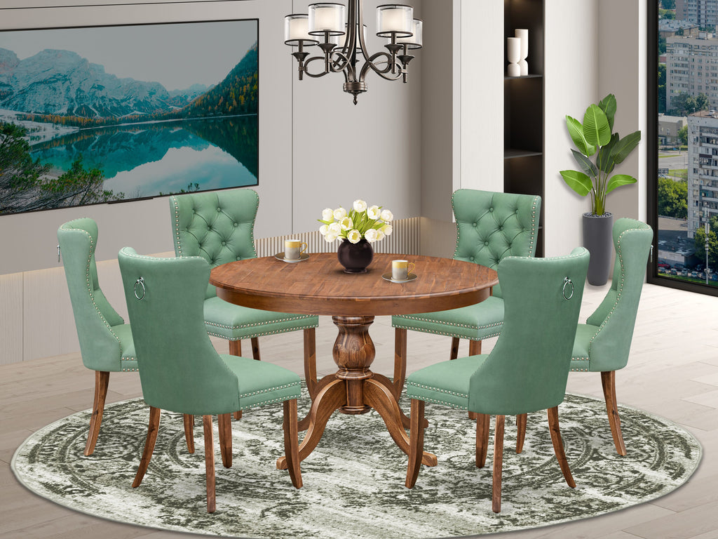 Luxe by East West Furniture F6DA7-40N-22 7-Pc Dining Set Contain a Mid Century Dining Table and 6 Willow Green Faux Leather Chairs with Button-Tufted Back, Antique Walnut