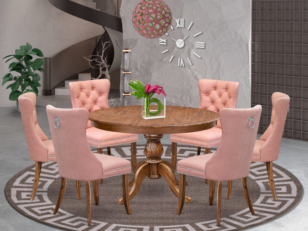 Luxe by East West Furniture F6DA7-40N-23 7-Pc Dining Room Table Set Contain a Mid Century Table and 6 Beige Red Faux Leather Chairs with Button-Tufted Back, Antique Walnut