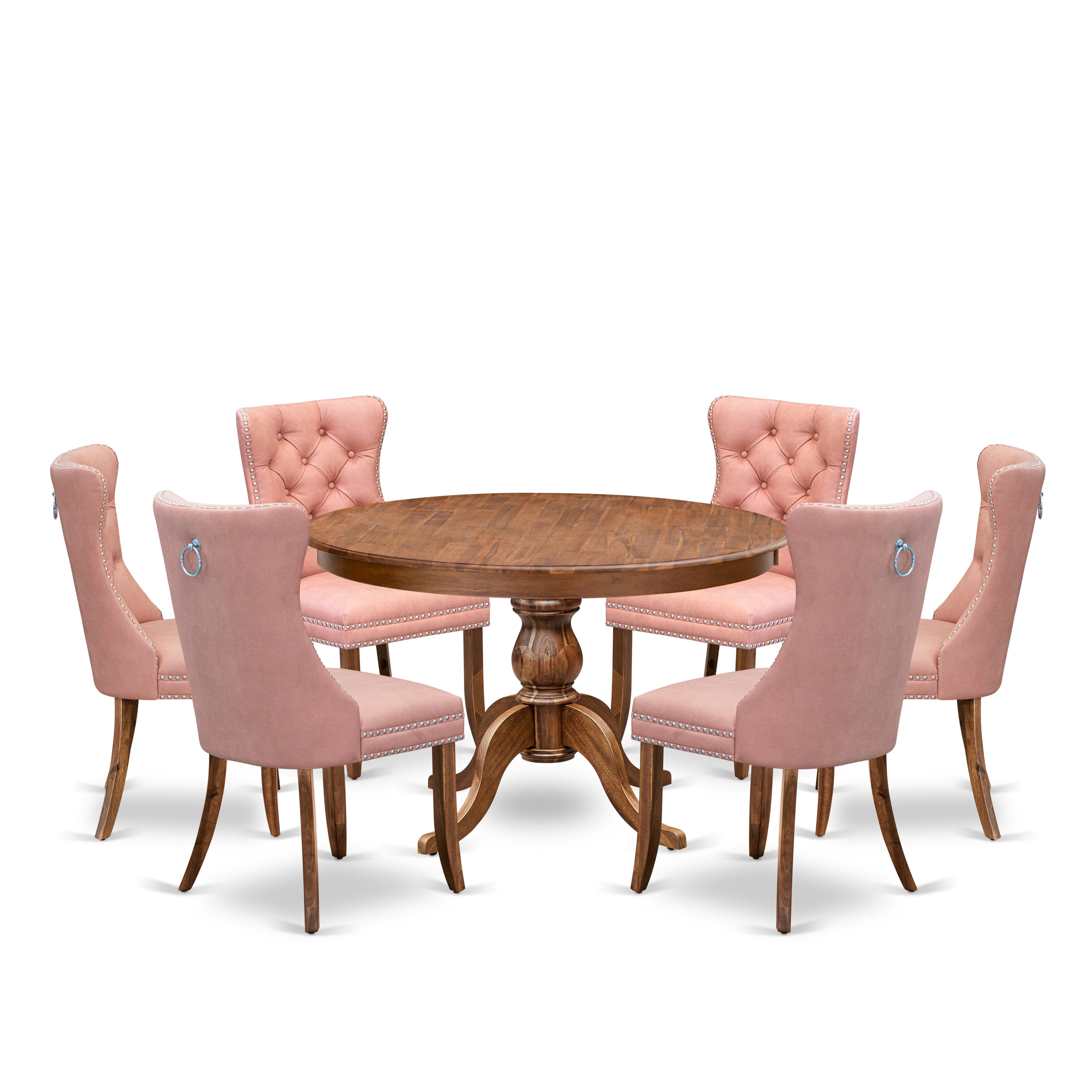 Luxe by East West Furniture F6DA7-40N-23 7-Pc Dining Room Table Set Contain a Mid Century Table and 6 Beige Red Faux Leather Chairs with Button-Tufted Back, Antique Walnut