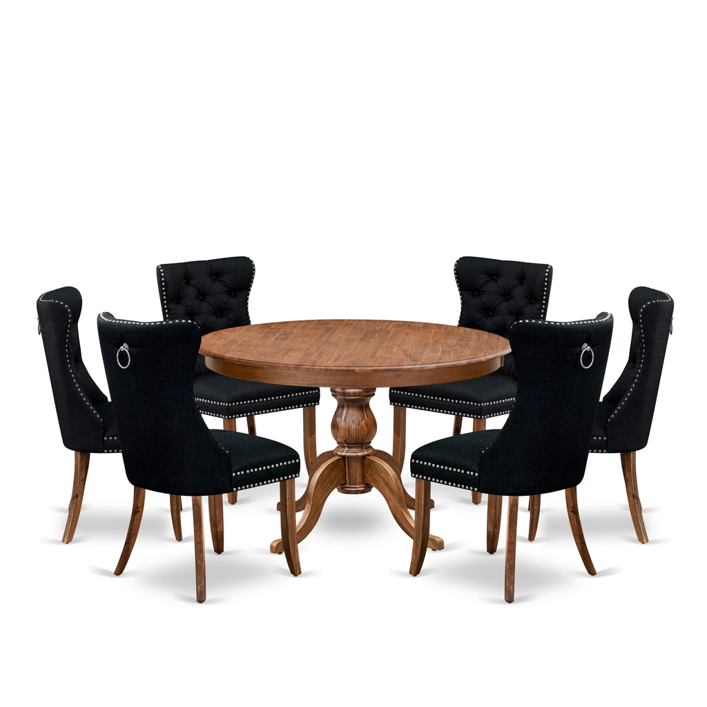 Luxe by East West Furniture F6DA7-40N-24 7-Piece Dining Set with Linen Fabric 6 Black Dining chairs, Button-Tufted Backs, and a 48"Round Dinner Table in Antique Walnut Finish.