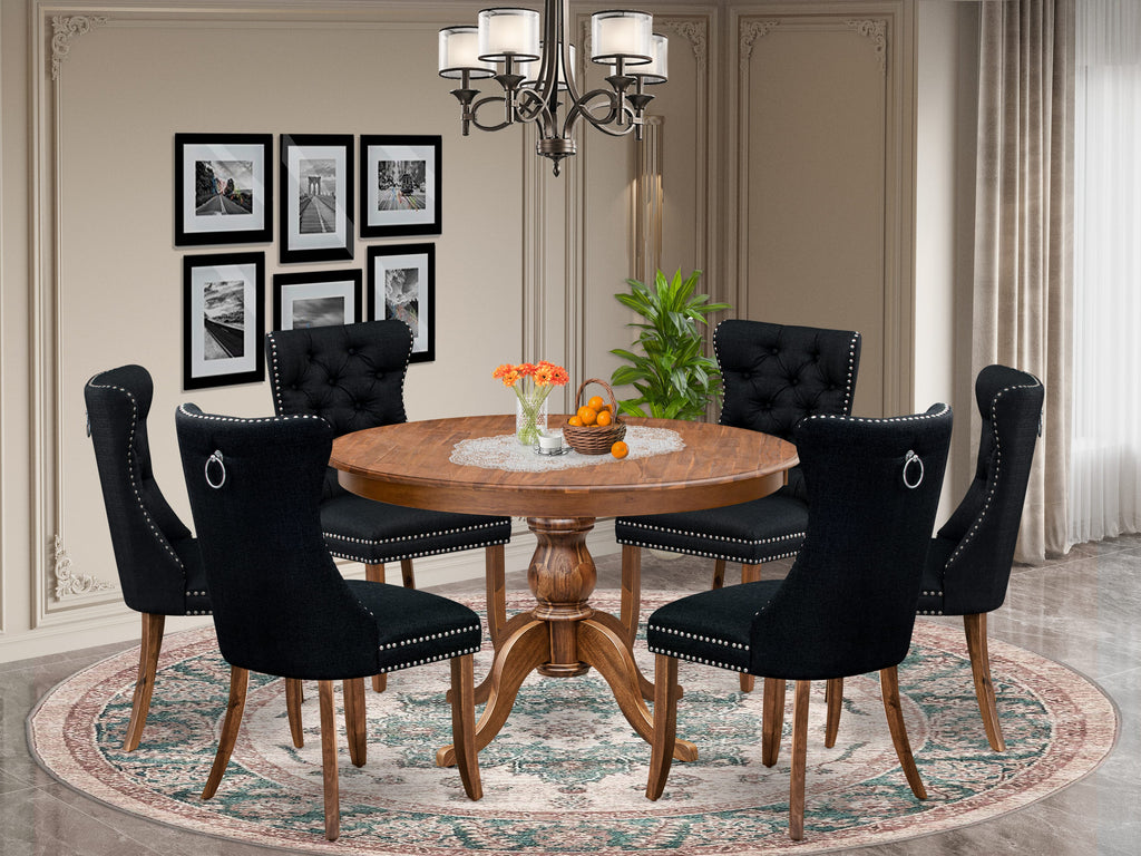 Luxe by East West Furniture F6DA7-40N-24 7-Piece Dining Set with Linen Fabric 6 Black Dining chairs, Button-Tufted Backs, and a 48"Round Dinner Table in Antique Walnut Finish.