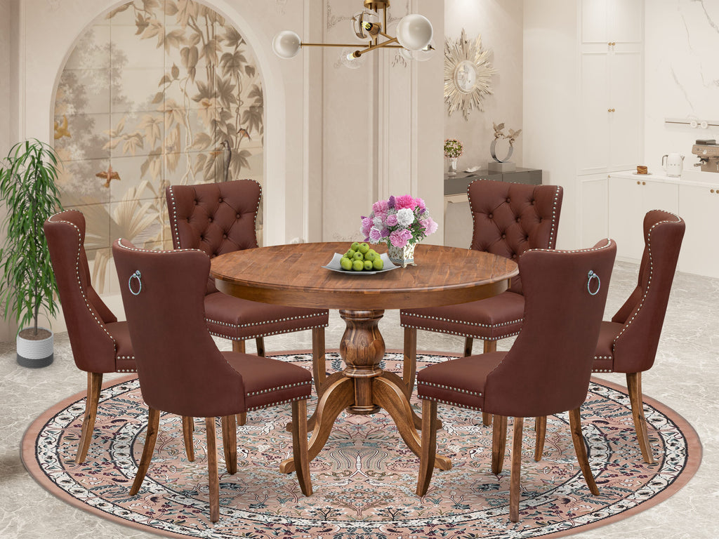 Luxe by East West Furniture F6DA7-40N-26 7-Pc Dining Room Set Contain a Dining Table and 6 Burgundy Faux Leather Parsons Chairs with Button-Tufted Back, Antique Walnut