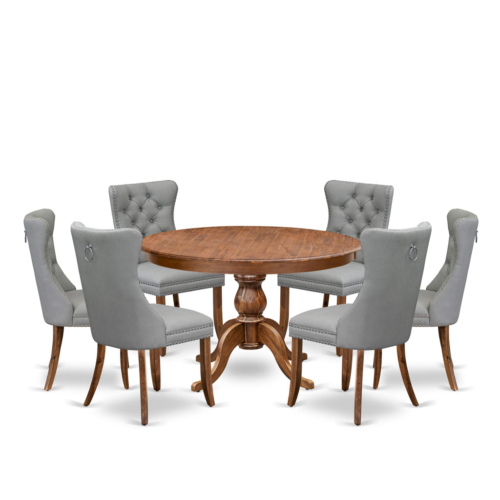Luxe by East West Furniture F6DA7-40N-27 7-Pc Mid Century Dining Set Contain a Table and 6 Light Gray Faux Leather Upholstered Chairs with Button-Tufted Back, Antique Walnut