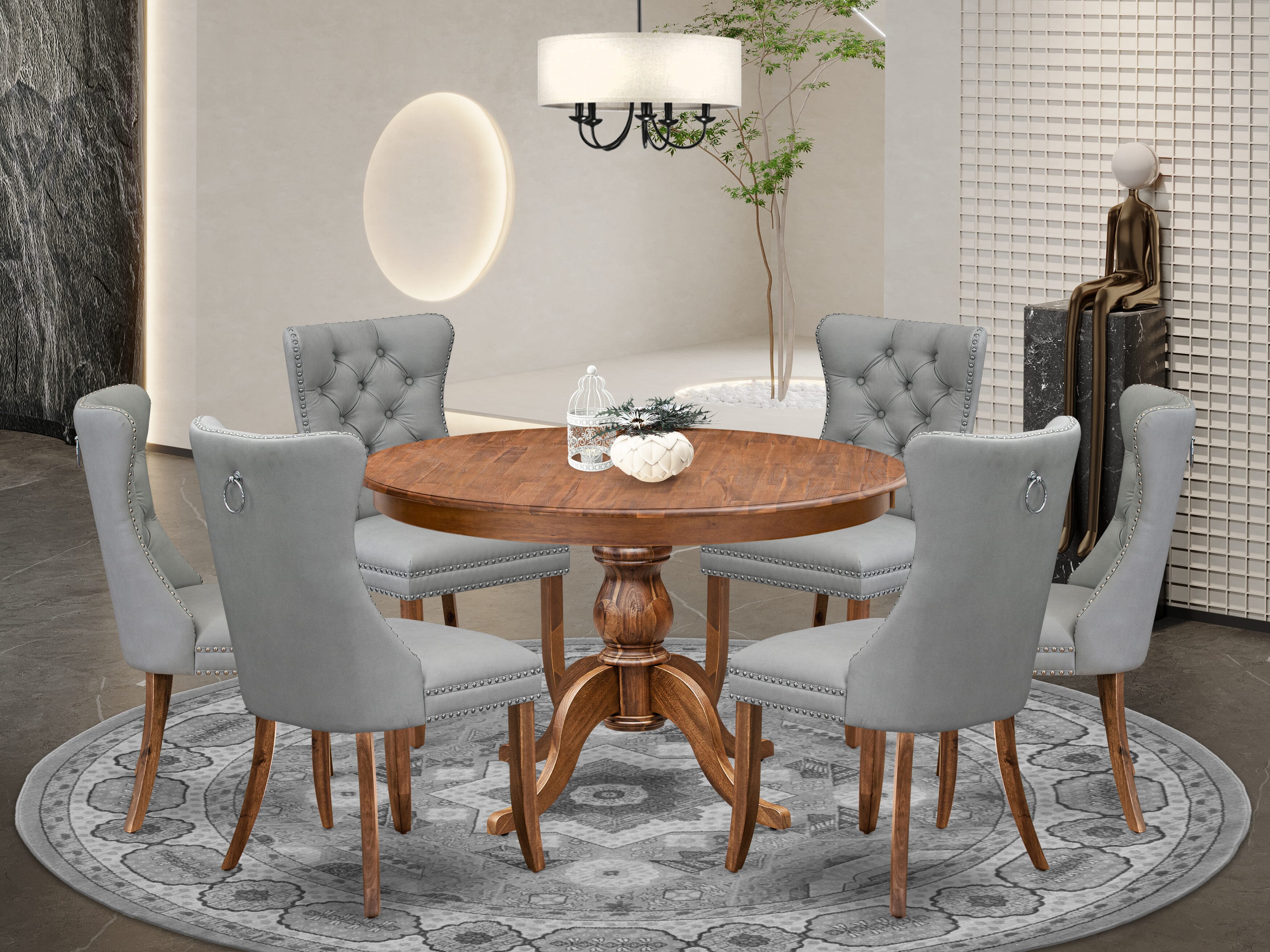 Luxe by East West Furniture F6DA7-40N-27 7-Pc Mid Century Dining Set Contain a Table and 6 Light Gray Faux Leather Upholstered Chairs with Button-Tufted Back, Antique Walnut