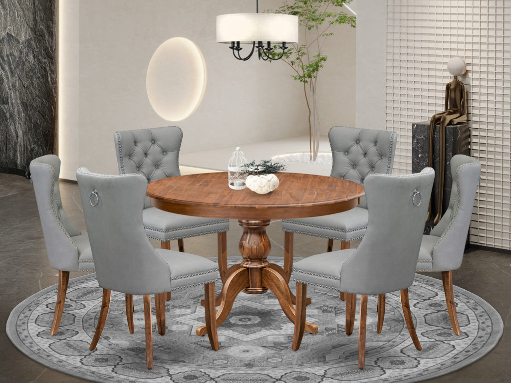 Luxe by East West Furniture F6DA7-40N-27 7-Pc Mid Century Dining Set Contain a Table and 6 Light Gray Faux Leather Upholstered Chairs with Button-Tufted Back, Antique Walnut