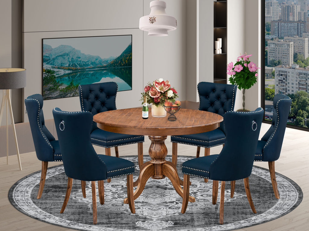 Luxe by East West Furniture F6DA7-40N-29 7-Piece Modern Dining Set features a 48" round table in an antique walnut finish, accompanied by 6 navy blue faux leather chairs with elegantly button-tufted backs.