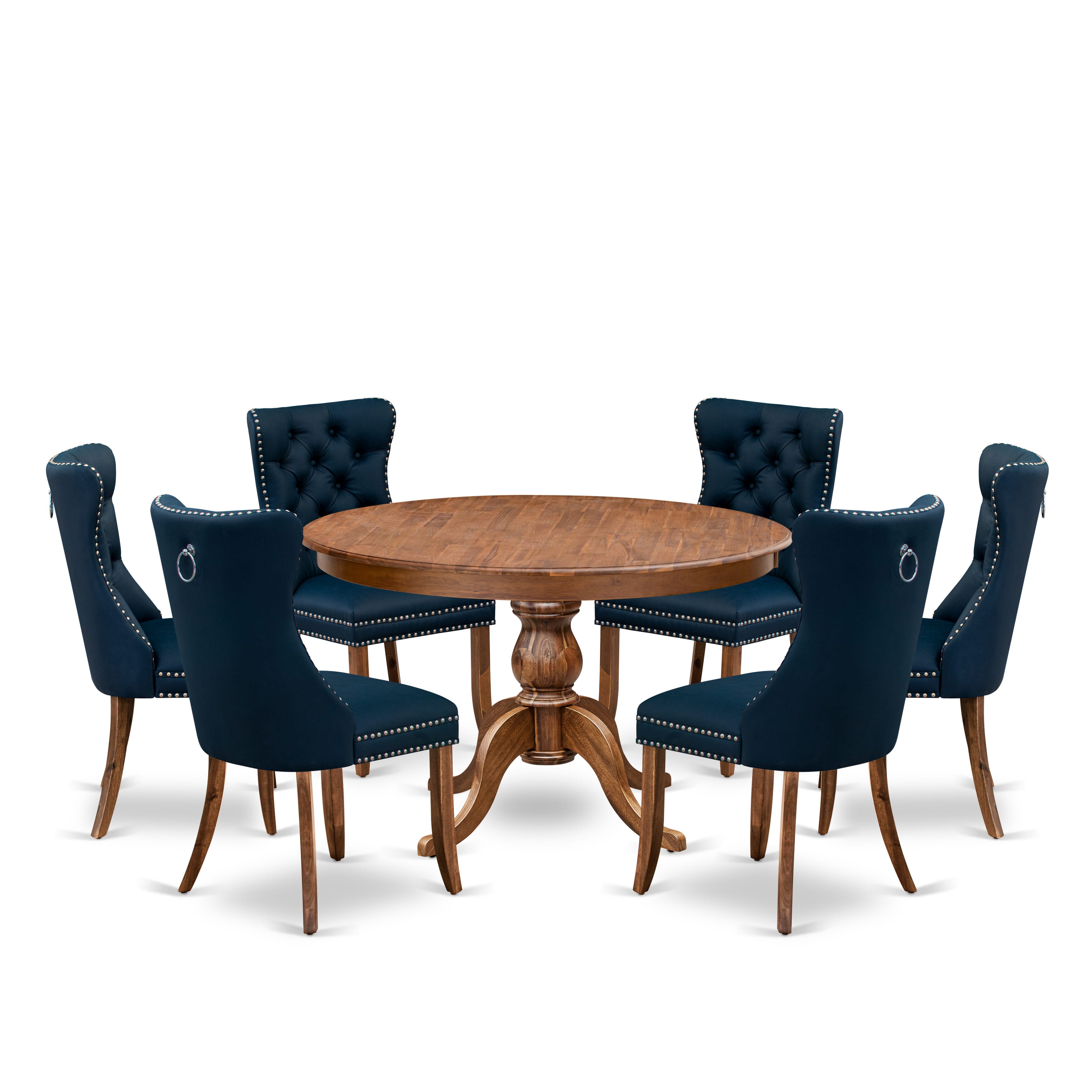 Luxe by East West Furniture F6DA7-40N-29 7-Piece Modern Dining Set features a 48" round table in an antique walnut finish, accompanied by 6 navy blue faux leather chairs with elegantly button-tufted backs.