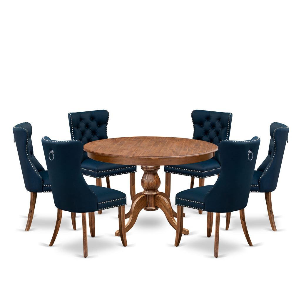 Luxe by East West Furniture F6DA7-40N-29 7-Piece Modern Dining Set features a 48" round table in an antique walnut finish, accompanied by 6 navy blue faux leather chairs with elegantly button-tufted backs.