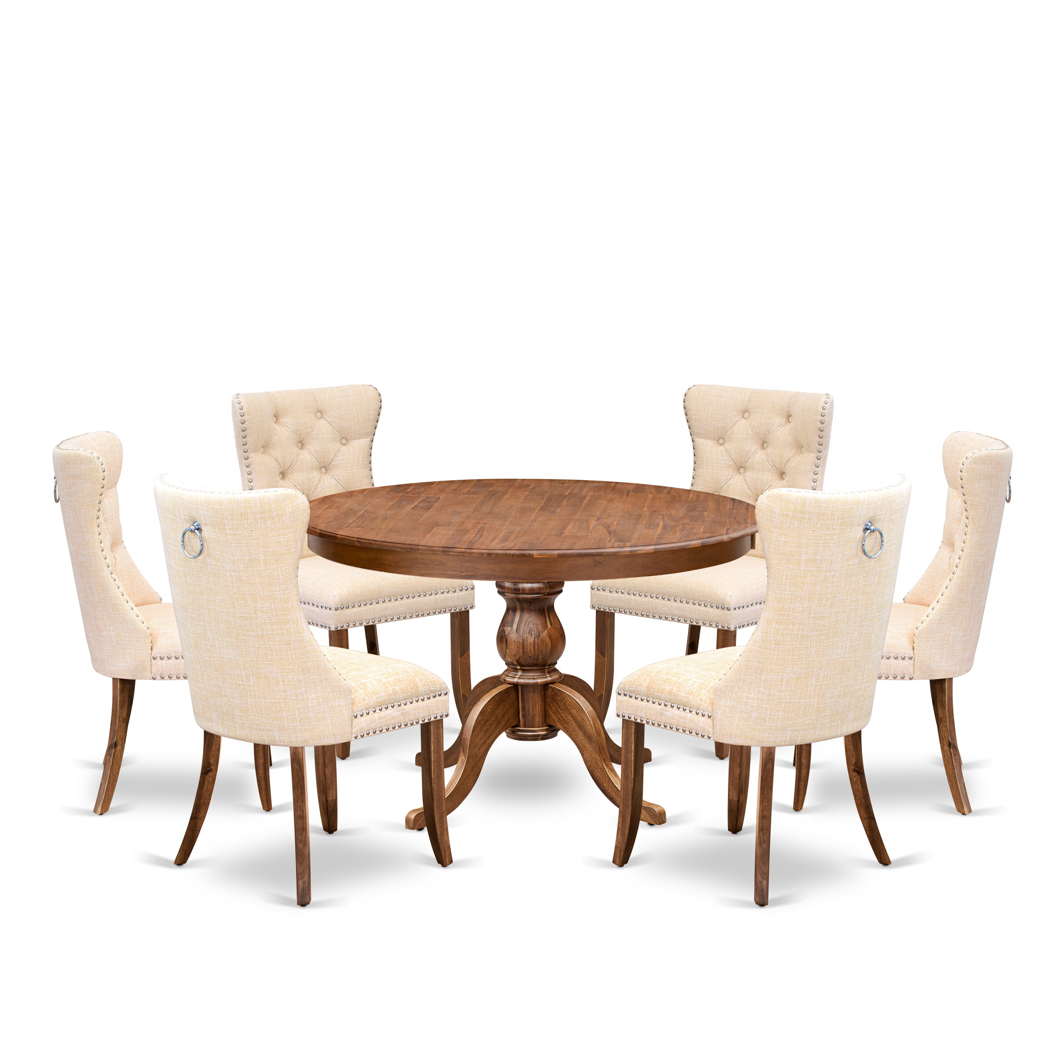 Luxe by East West Furniture F6DA7-40N-32 7-Piece Dining Room Set with Linen Fabric 6 Light Beige kitchen chairs, Button-Tufted Backs, and a 48"Round Table in Antique Walnut Finish.
