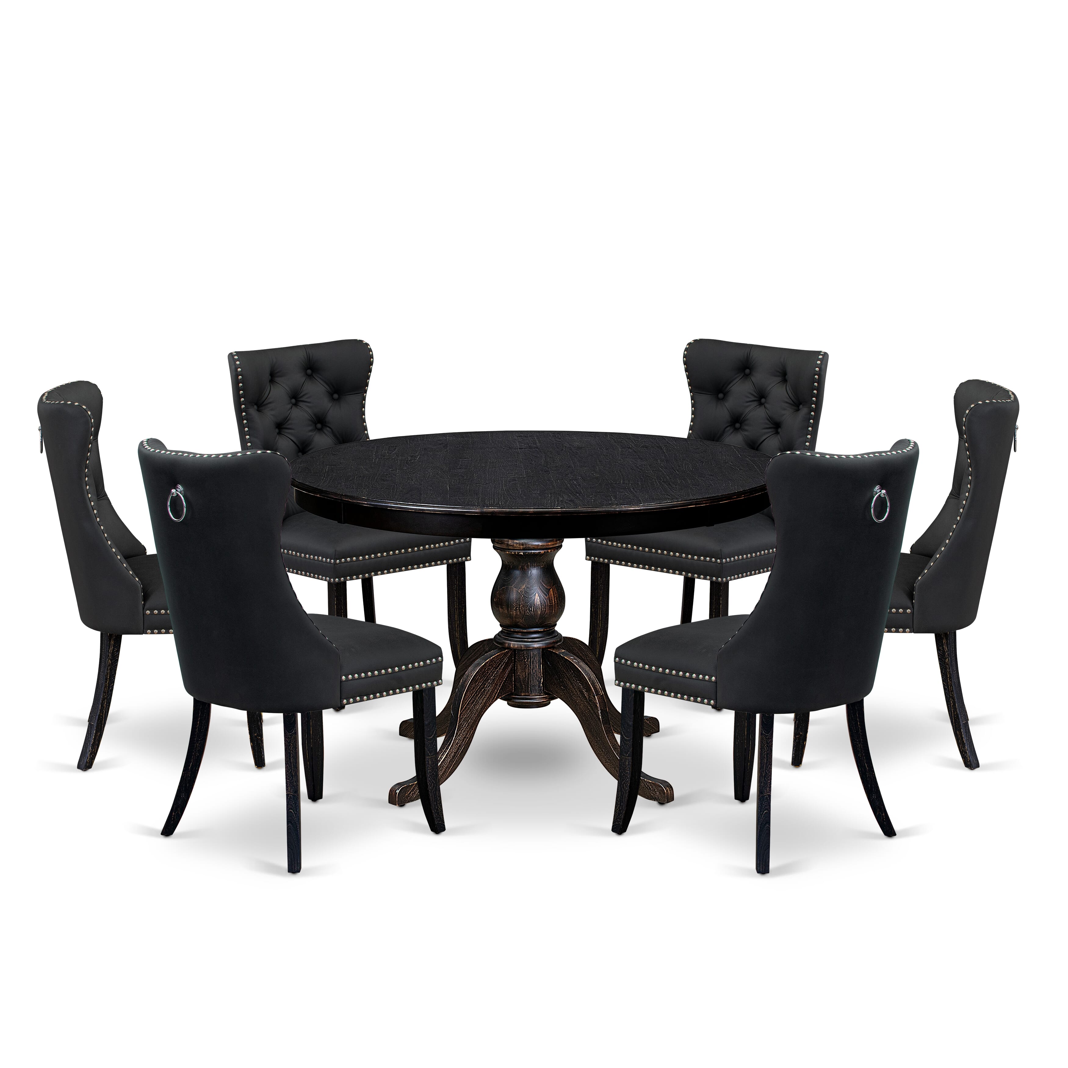 Luxe by East West Furniture F6DA7-411-12 7-Piece Kitchen Table Set with Faux Leather 6 Dark Gray dining chairs, Button-Tufted Backs, and a 48"Round Breakfast Table in Sand Blasted Black Finish.