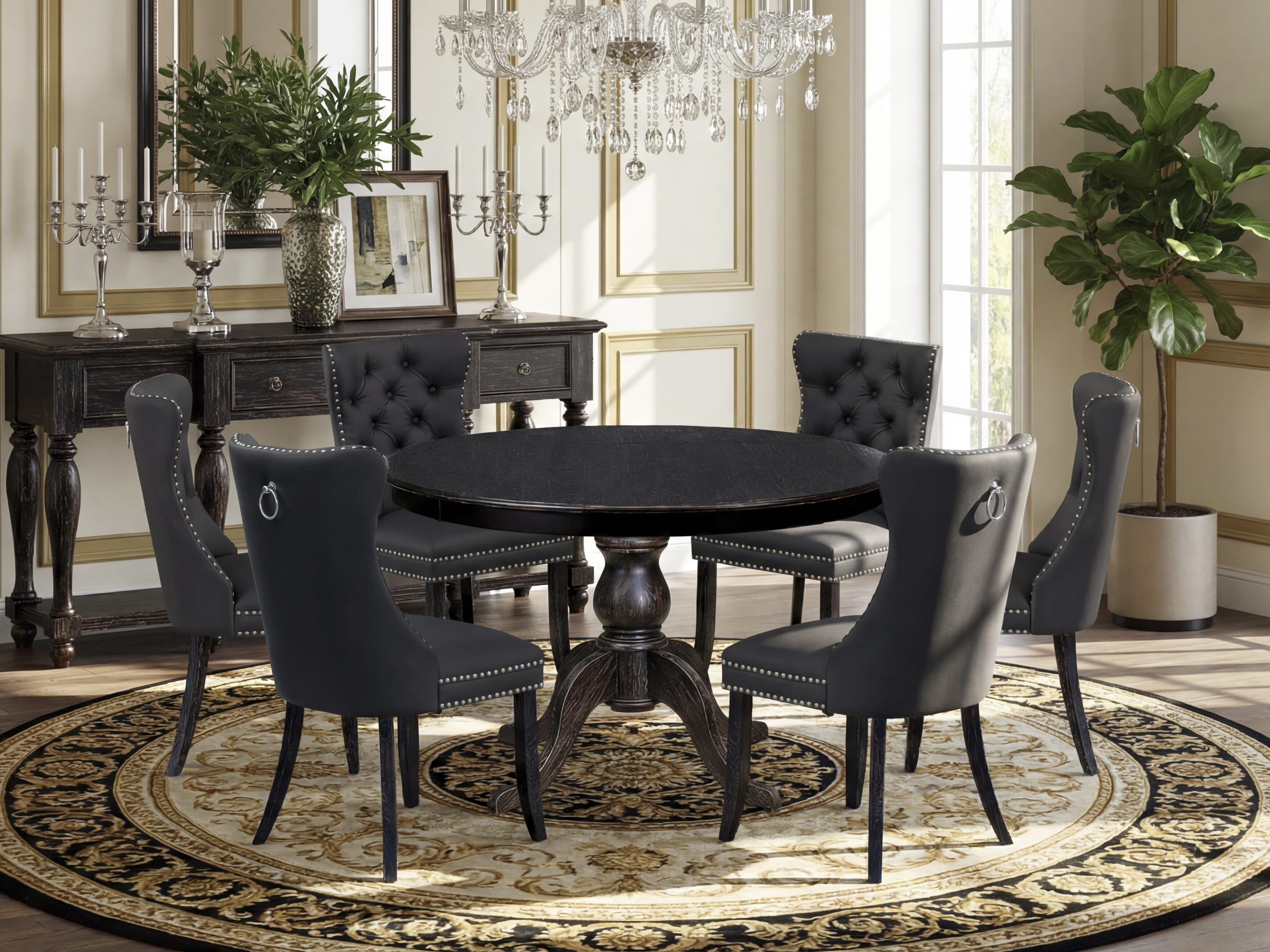 Luxe by East West Furniture F6DA7-411-12 7-Piece Kitchen Table Set with Faux Leather 6 Dark Gray dining chairs, Button-Tufted Backs, and a 48"Round Breakfast Table in Sand Blasted Black Finish.