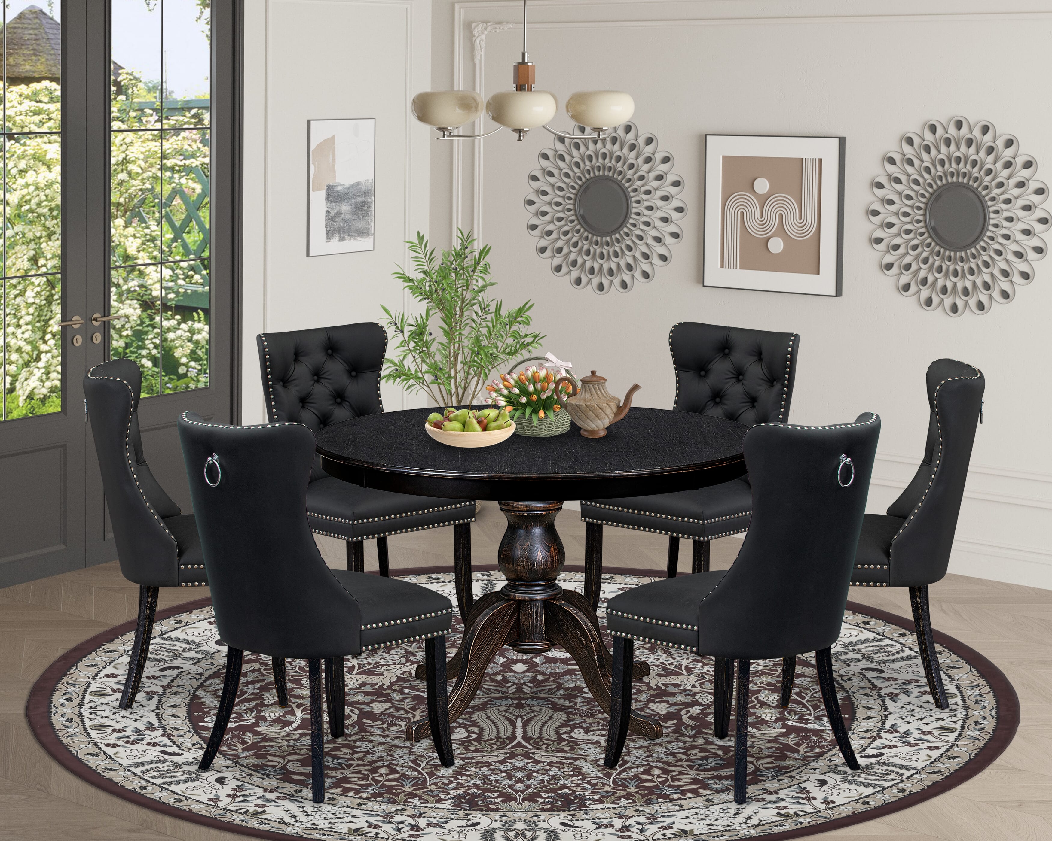 Luxe by East West Furniture F6DA7-411-12 7-Piece Kitchen Table Set with Faux Leather 6 Dark Gray dining chairs, Button-Tufted Backs, and a 48"Round Breakfast Table in Sand Blasted Black Finish.