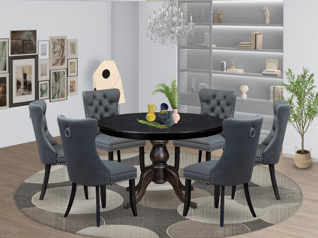 Luxe by East West Furniture F6DA7-411-13 7-piece Dining Room Set with Faux Leather 6 Platinum Gray dining chairs, Button-Tufted Backs, and a 48"Round Dinner Table in Sand Blasted Black Finish.