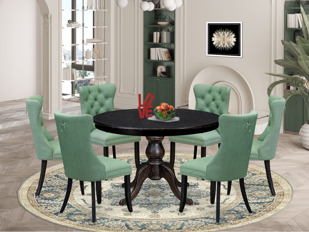 Luxe by East West Furniture F6DA7-411-22 7 Piece Dinette Set Consists of a 48" Round Table with Pedestal and 6 Willow Green Faux Leather Dining Chairs, Sand Blasted Black