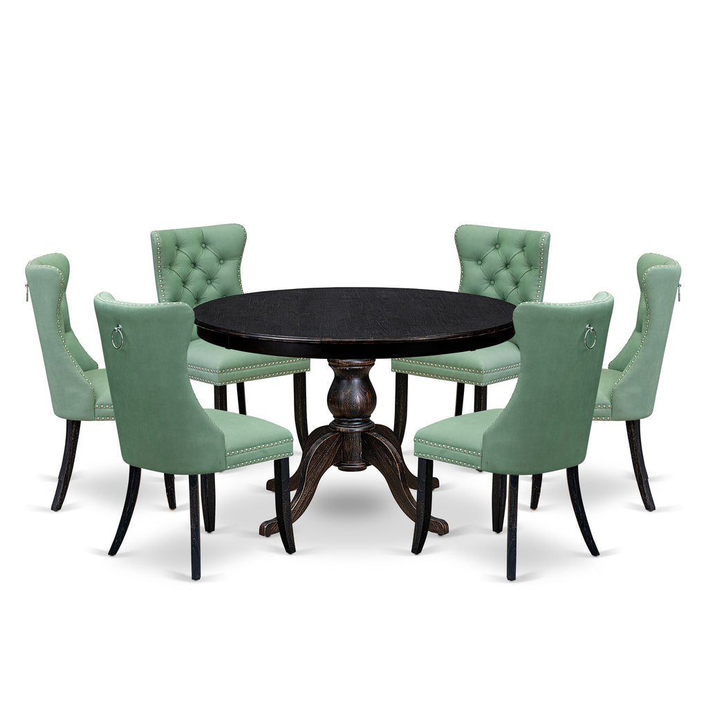 Luxe by East West Furniture F6DA7-411-22 7 Piece Dinette Set Consists of a 48" Round Table with Pedestal and 6 Willow Green Faux Leather Dining Chairs, Sand Blasted Black