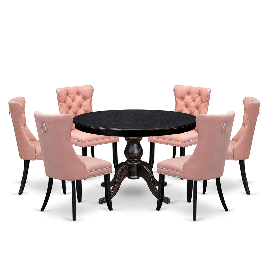 Luxe by East West Furniture F6DA7-411-23 7 Piece Dining Set Contains a 48" Round Kitchen Table with Pedestal and 6 Beige Red Faux Leather Parson Chairs, Sand Blasted Black