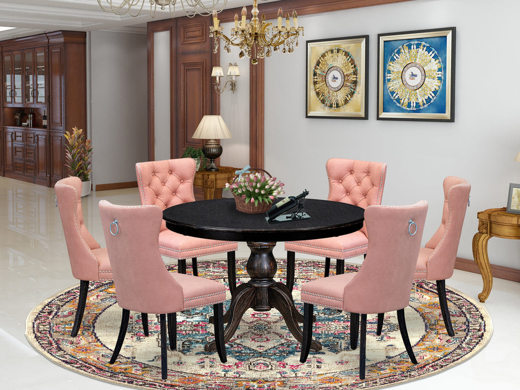 Luxe by East West Furniture F6DA7-411-23 7 Piece Dining Set Contains a 48" Round Kitchen Table with Pedestal and 6 Beige Red Faux Leather Parson Chairs, Sand Blasted Black
