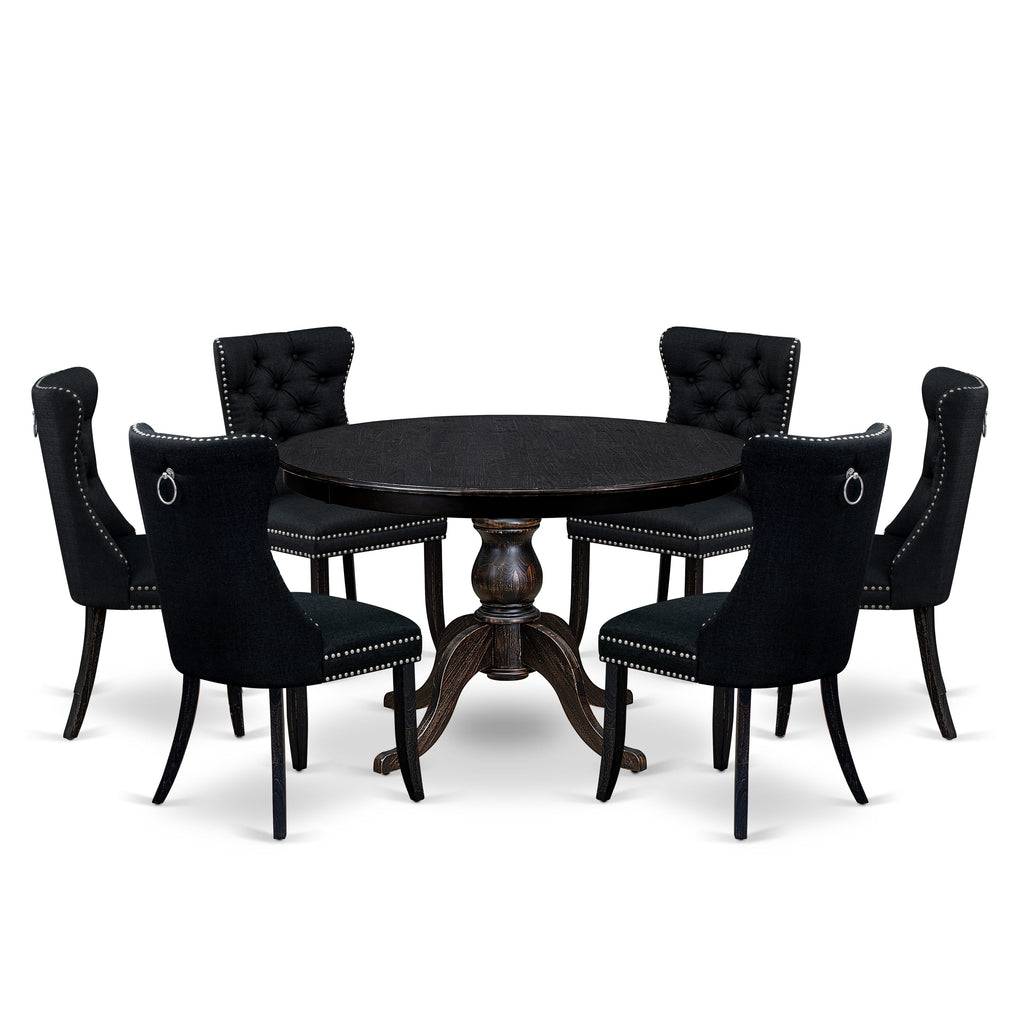Luxe by East West Furniture F6DA7-411-24 7 Piece Kitchen Table Set Consists of a 48" Round Table with Pedestal and 6 Black Linen Fabric Upholstered Chairs, Sand Blasted Black