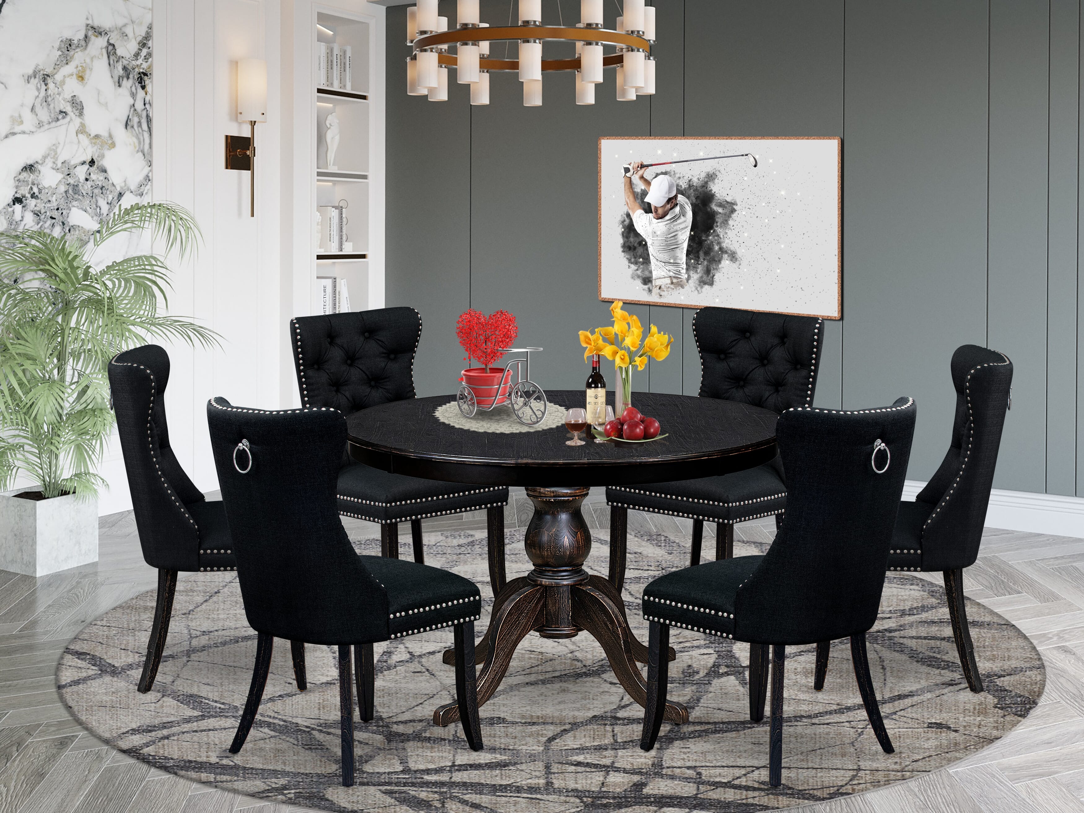 Luxe by East West Furniture F6DA7-411-24 7 Piece Kitchen Table Set Consists of a 48" Round Table with Pedestal and 6 Black Linen Fabric Upholstered Chairs, Sand Blasted Black