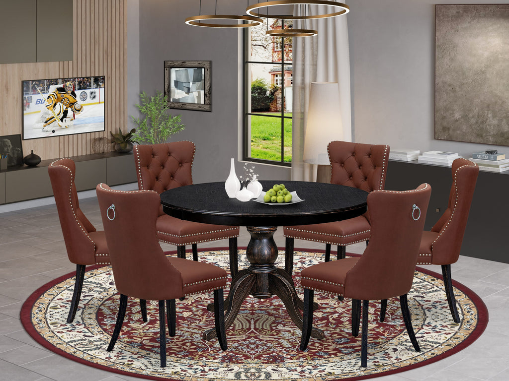 Luxe by East West Furniture F6DA7-411-26 7 Piece Dining Table Set Contains a 48" Round Table with Pedestal and 6 Burgandy Faux Leather Upholstered Chairs, Sand Blasted Black
