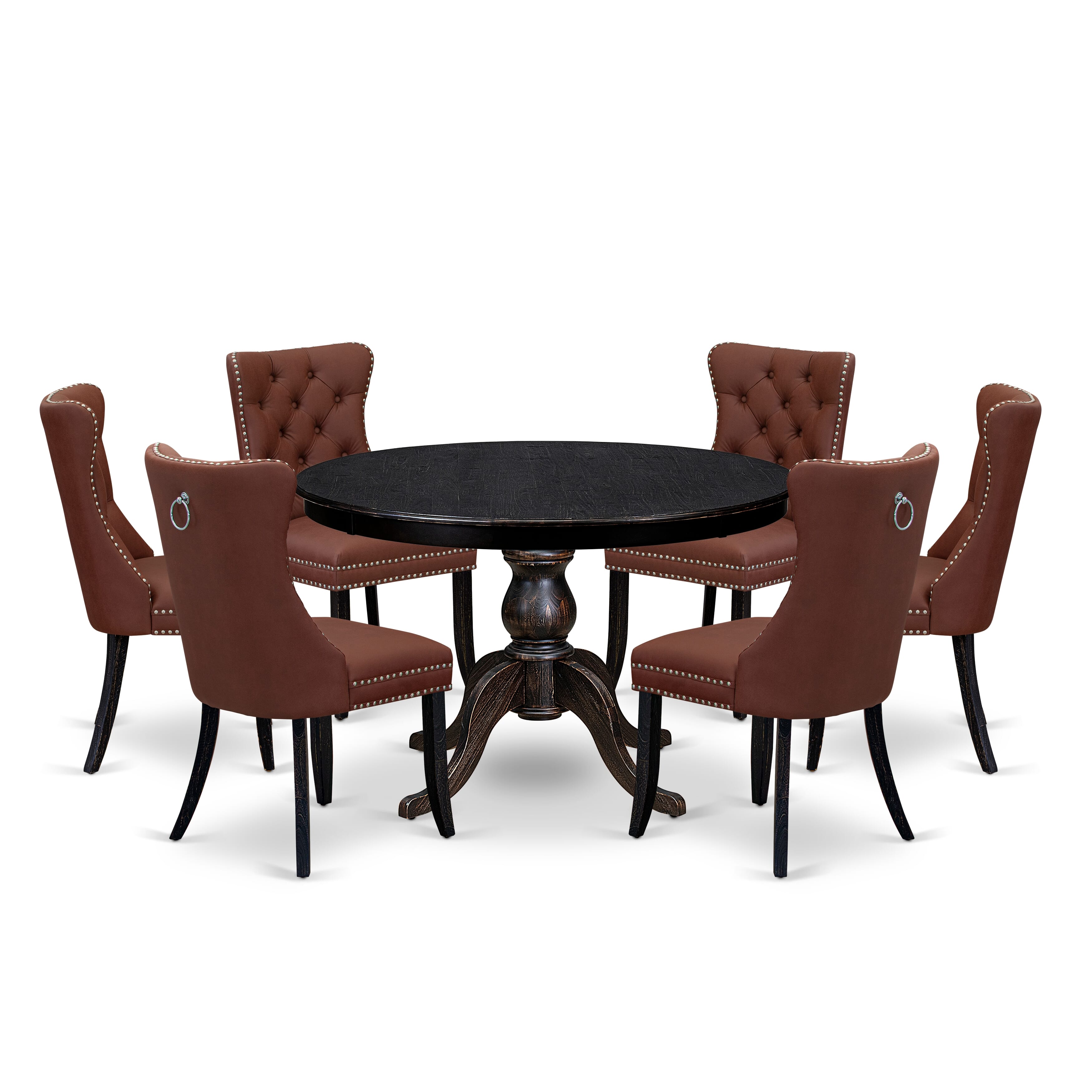 Luxe by East West Furniture F6DA7-411-26 7 Piece Dining Table Set Contains a 48" Round Table with Pedestal and 6 Burgandy Faux Leather Upholstered Chairs, Sand Blasted Black
