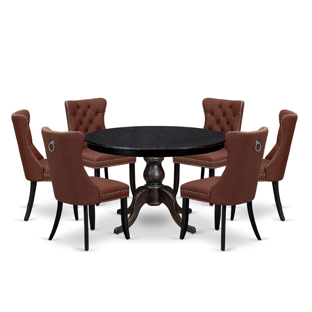Luxe by East West Furniture F6DA7-411-26 7 Piece Dining Table Set Contains a 48" Round Table with Pedestal and 6 Burgandy Faux Leather Upholstered Chairs, Sand Blasted Black